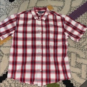 Red plaid shirt sleeve button down